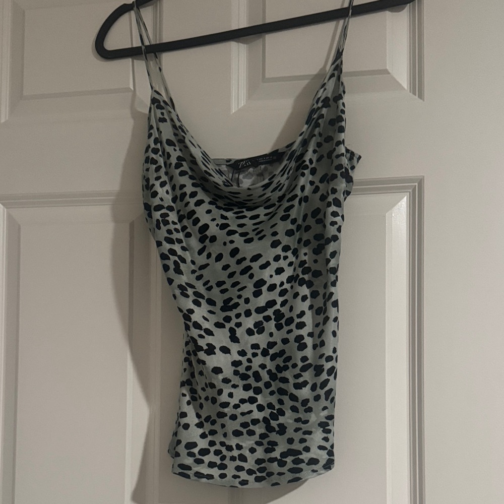 Zara Dalmatian Print Satin Cowl Neck Tank Top - Black Speckle on Light Gray